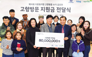 초록우산 어린이재단 여인미 서울지역본부장(가운데 왼쪽부터), 현대차 국내판촉실 송성호 상무, tbs교통방송 이강택 대표 등 관계자와 우수작으로 선정된 20명 가족들이 전달식에서 기념 촬영을 하고 있다. [현대차 제공]