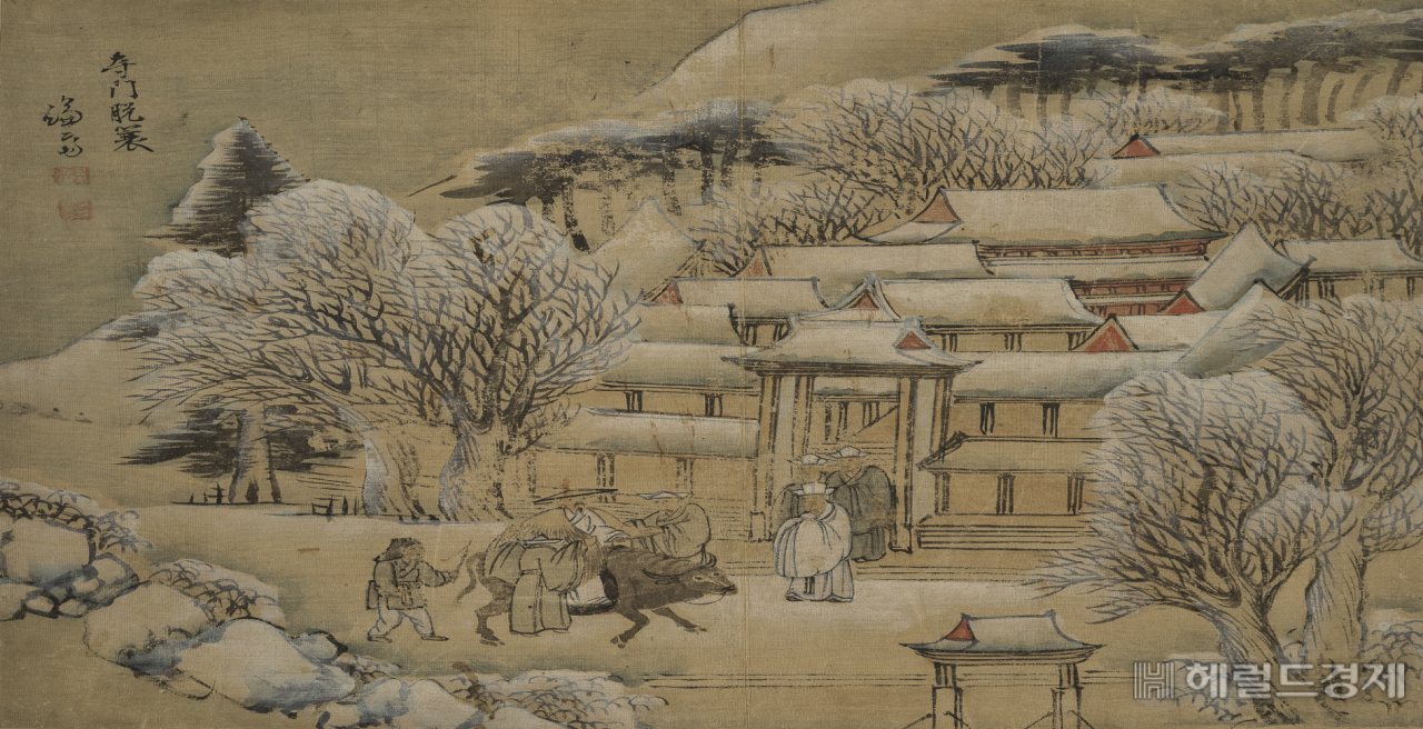 겸재 정선, 사문탈사. 26.0&times;32.5㎝, 비단에 채색