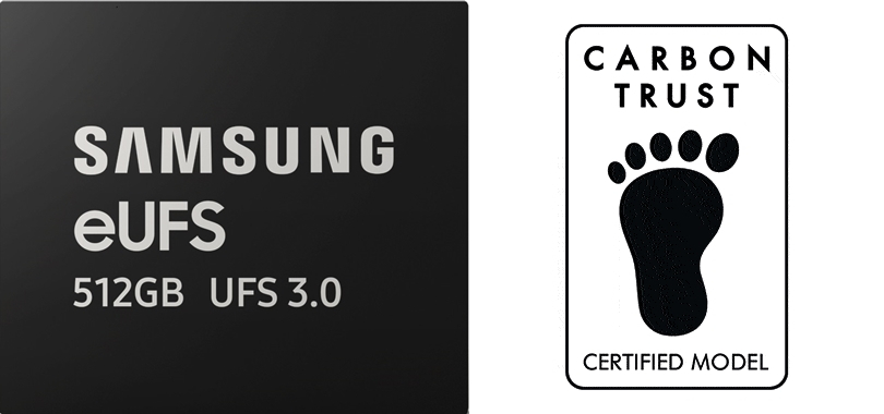 영국 카본 트러스트로부터 친환경 인증을 획득한 ‘512GB eUFS 3.0’ 제품(왼쪽)과 카본 트러스트 로고. [삼성전자 제공]