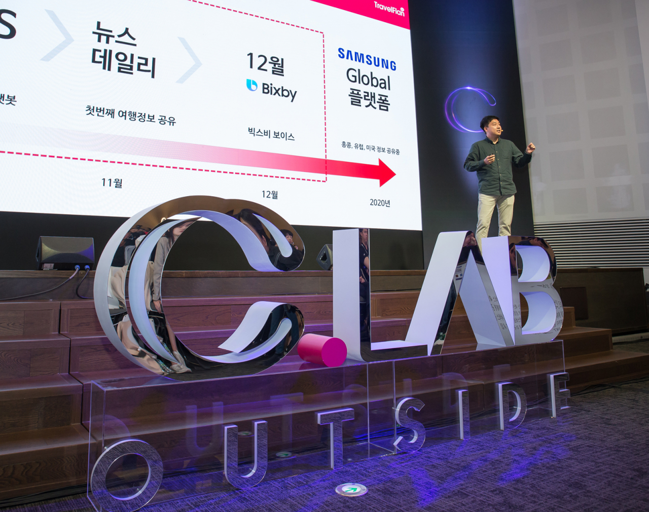 26일 서울 서초구 삼성전자 서울R&D캠퍼스에서 열린 ‘C랩 아웃사이드 데모데이’에서 AI 기반 여행 관련 종합 솔루션을 제공하는 스타트업 ‘트래블플랜’이 투자자들 앞에서 서비스를 소개하고 있다.[삼성전자 제공]