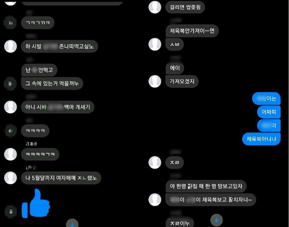 가해 남학생들은 페이스북 메신저 채팅방을 통해 여학생 수십명을 대상으로 수개월간 언어 성폭력을 벌인 것으로 나타났다. 해당 내용은 가해 학생들이 여학생의 체육복에 음란행위를 하자고 말하는 내용. [피해자 제공]