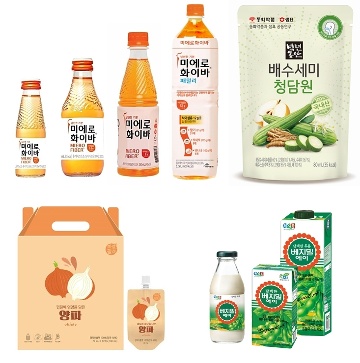 왼쪽 위부터 차례로 현대약품 '미에로화이바', 샘표 '백년동안 배수세미 청담원', 천호엔케어 '하루활력 껍질째 영양을 담은 양파', 정식품 '베지밀 에이' [각 사 제공]