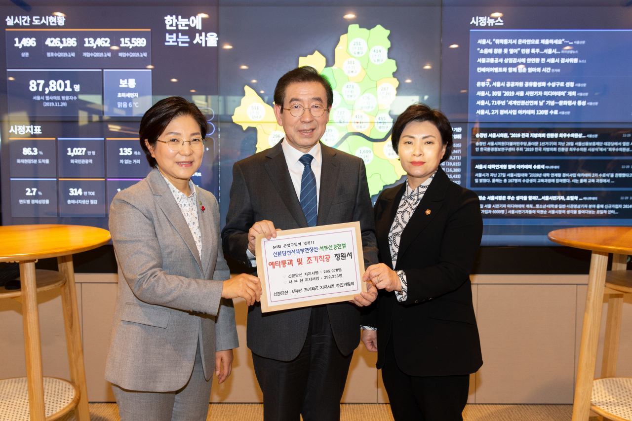 김미경 은평구청장을 비롯해 은평구의회 의장, 주민대표가 박원순 서울시장을 직접 면담해 ‘신분당선 서북부연장선과 서부선 경전철의 조기착공, 고양선 신사고개역 신설’을 위한 주민 약 30만명의 서명부를 전달했다. [은평구 제공]
