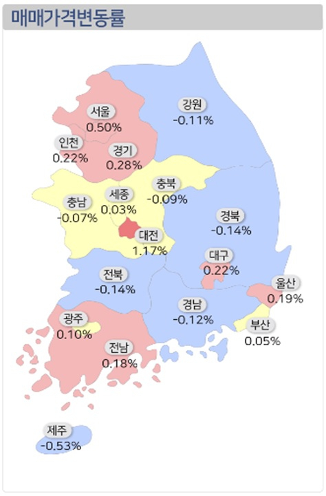 [이미지=11월 전국 주택가격 상승률. 한국감정원 제공]