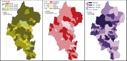 가평군 ‘인구 위기 지도’. 왼쪽부터 고령화율, 인구소멸지수, 5년간 인구증감률. [가평군 제공]