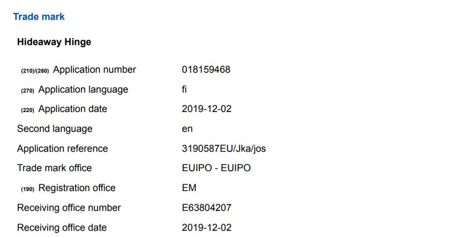 유럽특허청에(EUIPO)에 등록된 삼성전자 ' 하이드어웨이 힌지(Hideaway Hinge)' 상표 특허 [출처=유럽특허청, 레츠고디지털(https://nl.letsgodigital.org/opvouwbare-telefoons/nieuwe-opvouwbare-smartphone-samsung-electronics/)]