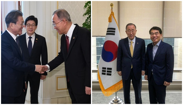 문재인대통령이 지난 3일 반기문 국가기후환경위원장와 미세먼지대책을 논의했다.(왼쪽). 양기대 전 광명시장이 반기문 위원장을 만나 활발한 논의를 했다.(오른쪽)[양기대 전 광명시장 SNS캡처]