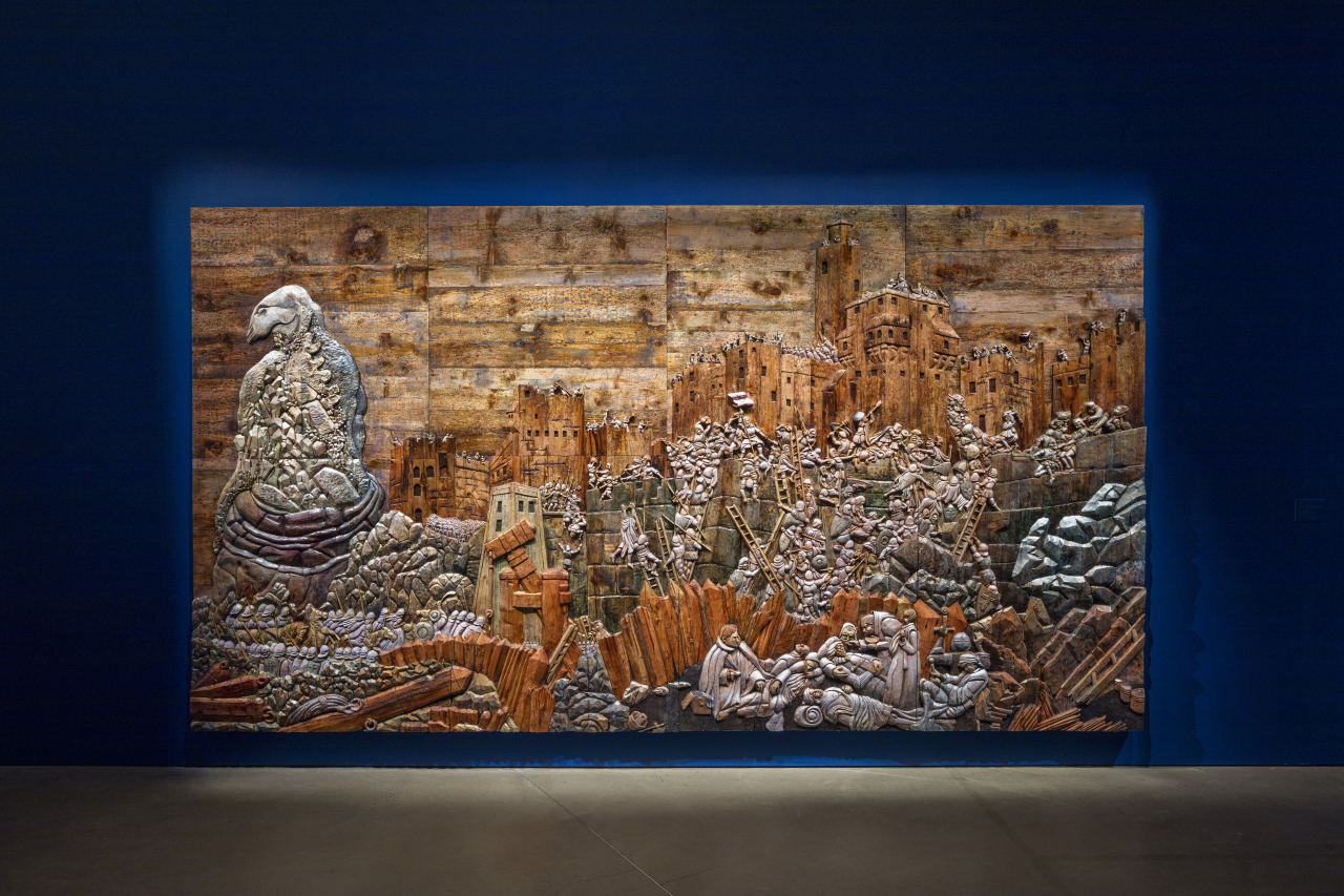 The wooden relief work “Cabaret Crusades: The Capture of Jerusalem by Jacques de Molay in 1299 (after Claude Jacquand, 1846)”