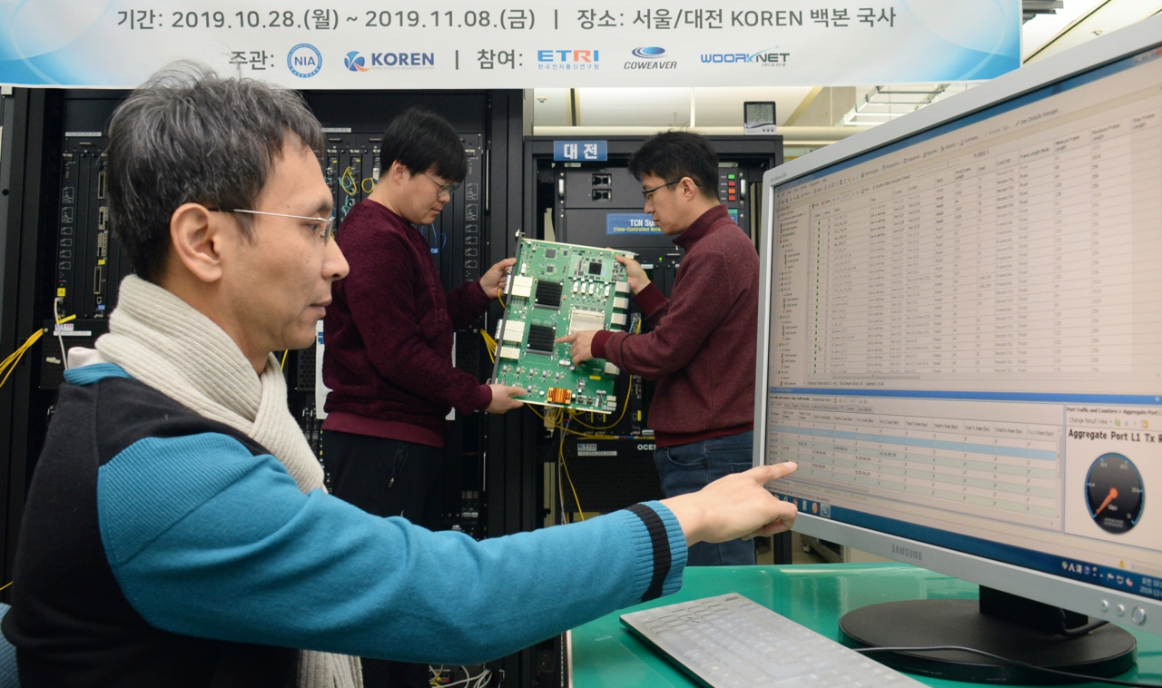 ETRI 연구진이 개발한 DetNet 기술을 시험망에 적용해 성능을 측정하고 있다.[ETRI 제공]