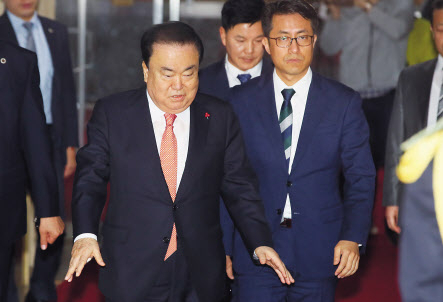 문희상 국회의장이 12일 국회 의장실에서 패스트트랙(신속처리안건)에 오른 선거제 개혁안과 검찰개혁법안의 처리 방안과 본회의 개의 시점을 3당 원내대표들과 논의하기 위해 의장실로 들어가고 있다. [연합]