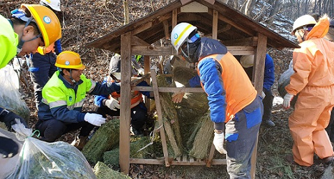 한라시멘트 임직원들이 겨울철을 맞아 강릉시 옥계면 야산에서 야생동물 먹이를 비치하고 있다.