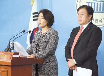 전희경 자유한국당 대변인(왼쪽)과 총선기획단 총괄팀장 이진복 의원이 12일 오후 서울 여의도 국회 정론관에서 경선시 청년 가산점 50% 부여(정치 신인 20%)한다는 내용의 총선기획단 회의 결과랄 브리핑 하고 있다. [연합]