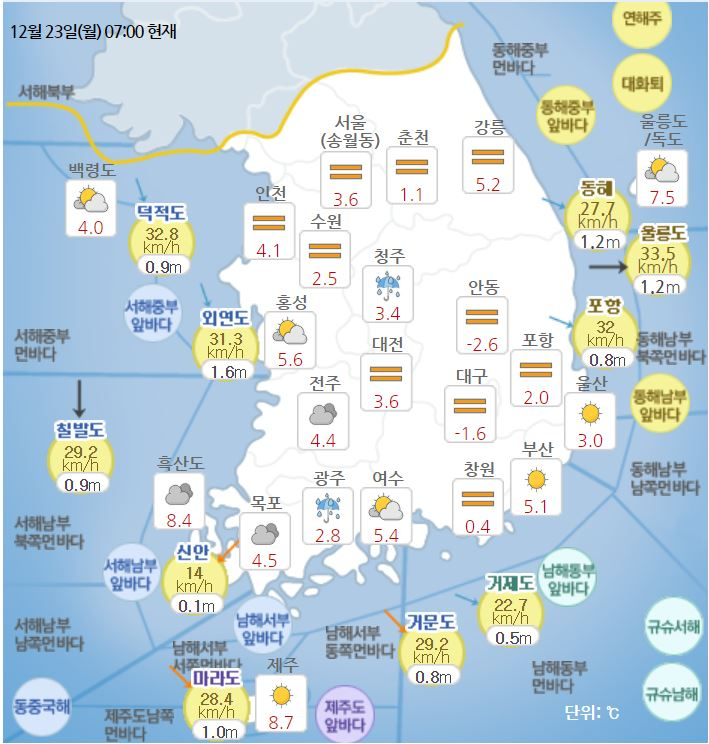 2019년 12월 23일 오전 7시 기준 전국 아침 기온 [자료=기상청]
