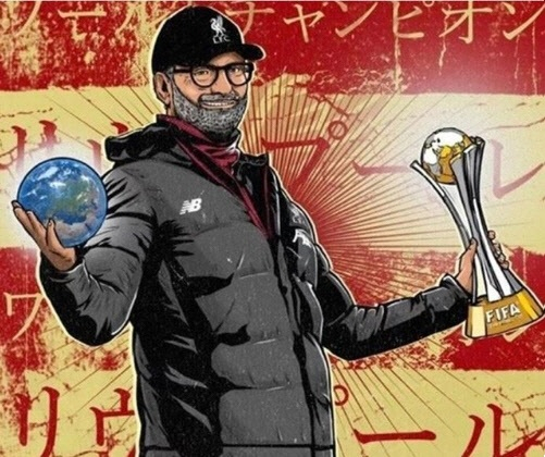 리버풀 공식 일본 트위터 계정에 올라온 위르겐 클롭 감독의 클럽월드컵 우승 축하 이미지 뒷배경으로 사용된 전범기 욱일기 모습. [리버풀 트위터 계정 캡처]