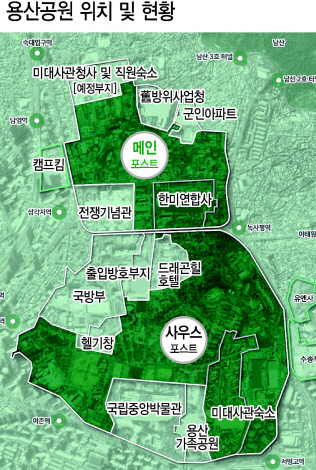 국방부를 비롯해 반환 대상이 아닌 드래곤힐호텔(8만4000㎡), 대사관 직원 숙소(7만9000㎡), 헬기장(5만7000㎡), 출입·방호시설 등은 공원구역에 포함되지 않는다. [국토교통부]