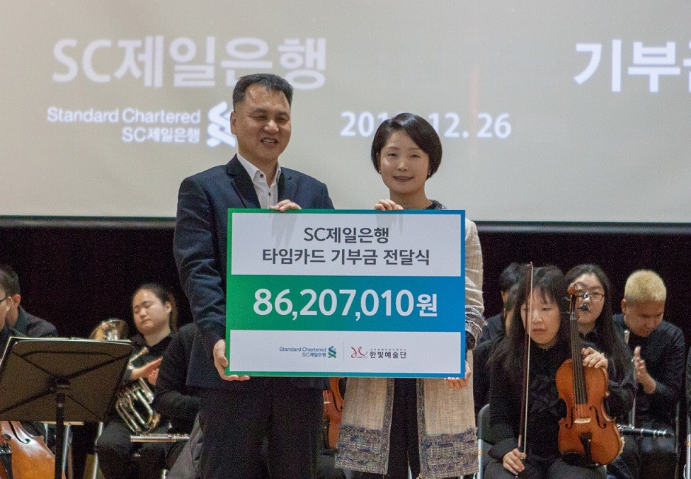 지난 26일 배지혜 SC제일은행 카드상품팀 이사대우(오른쪽)가 김양수 사회복지법인 한빛예술단 이사장에게 타임카드 이용 고객 명의로 적립된 기부금을 전달하며 함께 기념 촬영을 하고 있다. [SC제일은행 제공]