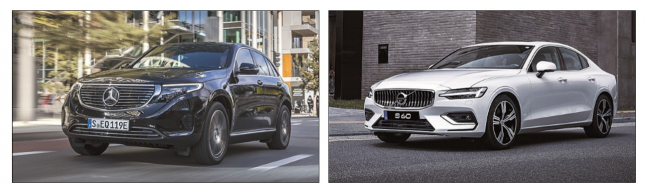 더 뉴 메르세데스-벤츠 EQC 400 4MATIC(왼쪽). 볼보자동차 신형 S60.