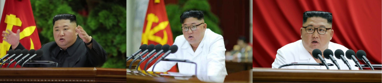 북한은 지난 28일부터 31일까지 평양에서 나흘째 노동당 중앙위원회 전원회의를 이어가며 새로운 길을 앞두고 사실상 국정 전반에 대한 의제를 논의했다. 왼쪽부터 1일차, 2일차, 3일차 전원회의에서 보고하는 김정은 국무위원장. [헤럴드DB]
