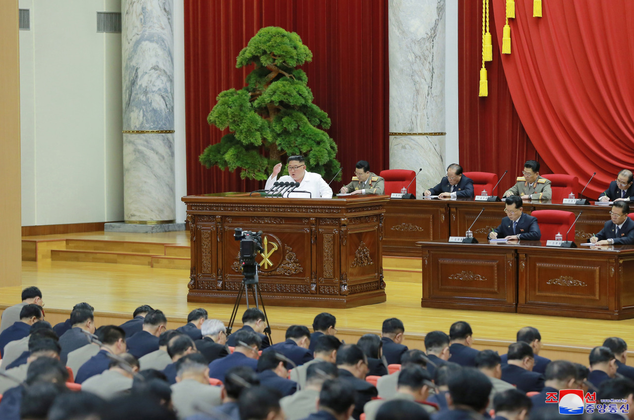 North Korean leader Kim Jong-un is shown speaking at the ruling party's plenary session in an image released by North Korea's statement media on Tuesday. Yonhap