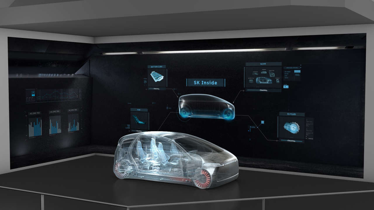 CES 2020에서 차량모형과 대형 스크린으로 구현한 SK이노베이션의 ‘SK Inside’ 모델 이미지. [SK이노베이션 제공]