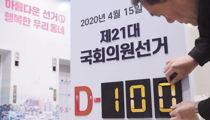 4월 15일에 열리는 제21대 국회의원 선거를 100일 앞둔 6일 오전 경기도 과천시 중앙선거관리위원회 입구에 선거까지 남은 날짜를 알리는 안내판이 세워져 있다. 이상섭 기자
