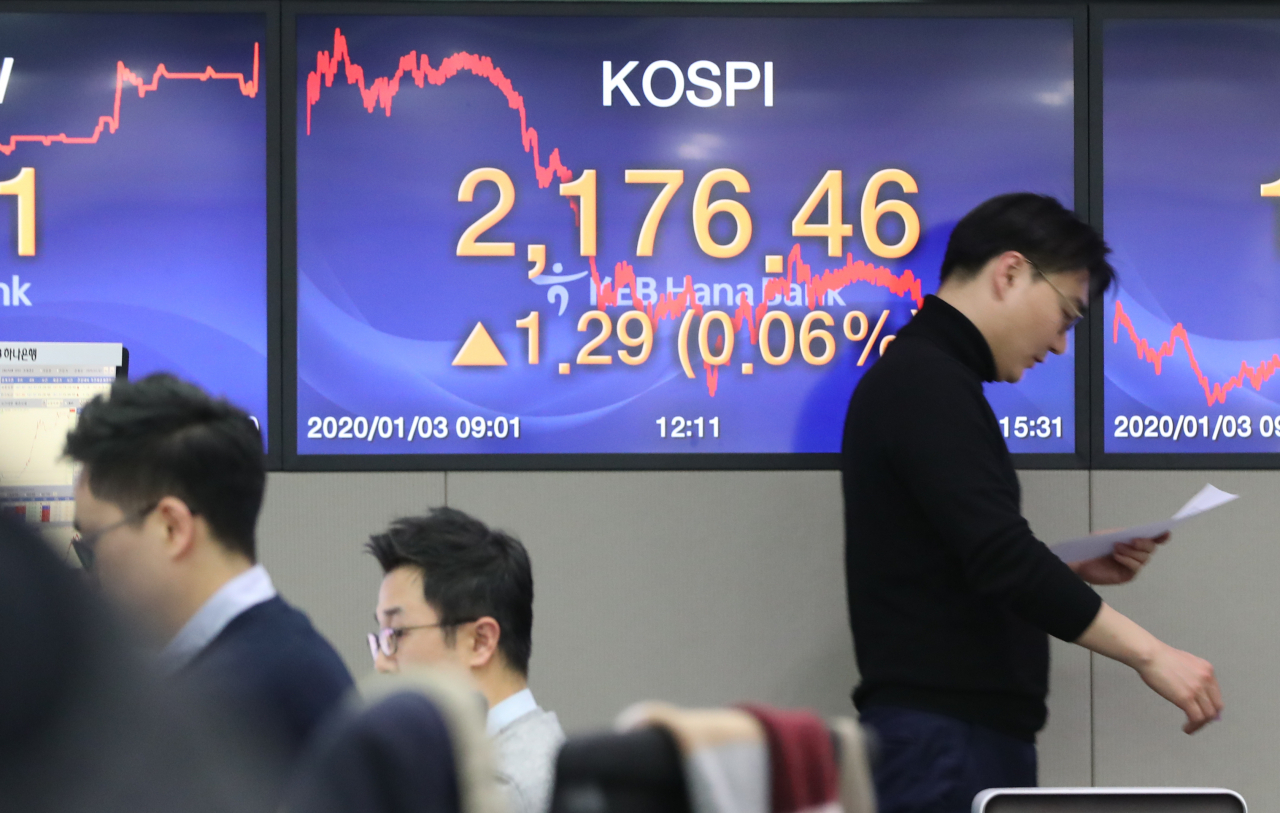 미국이 이란 표적 공습으로 중동발 불안이 확대되면서 3일 코스피가 2,170대에서 등락을 거듭했다. 코스피가 전 거래일보다 1.29포인트(0.06%) 오른 2,176.46으로 장을 마감한 이날 오후 서울 을지로 KEB 하나은행 본점 딜링룸에서 직원들이 업무를 보고 있다. ［연합］