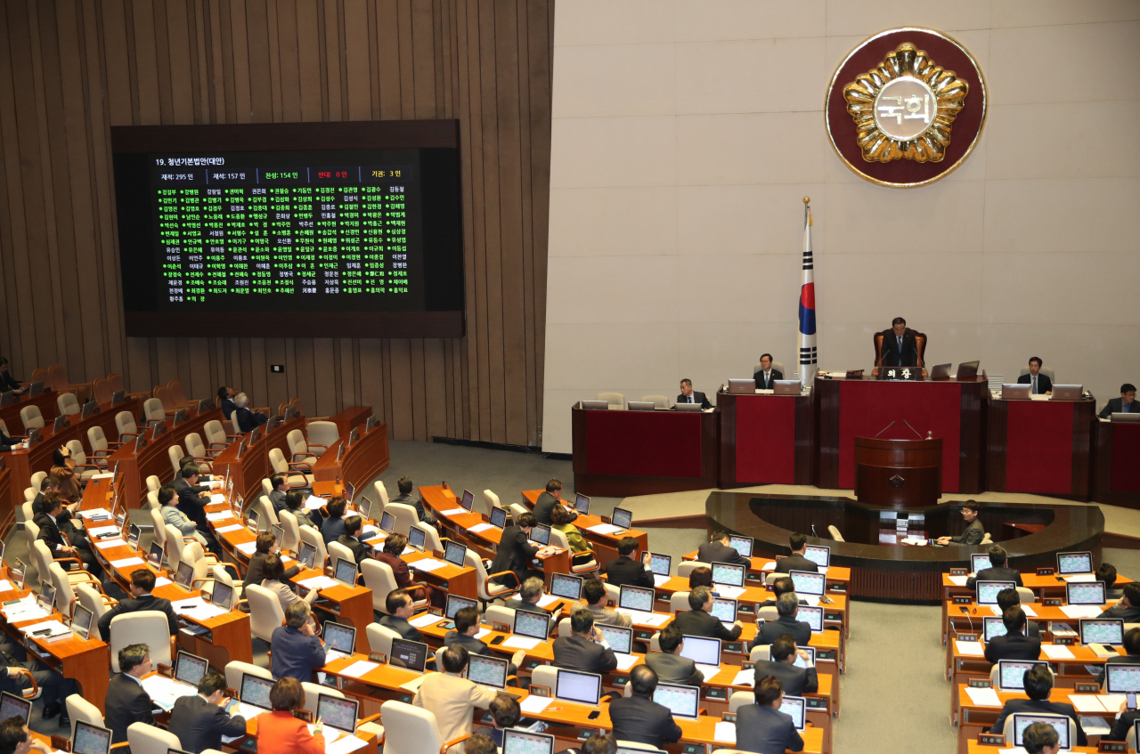 9일 국회에서 열린 본회의에서 자유한국당 의원들이 불참한 가운데 민생법안이 처리되고 있다. [연합]