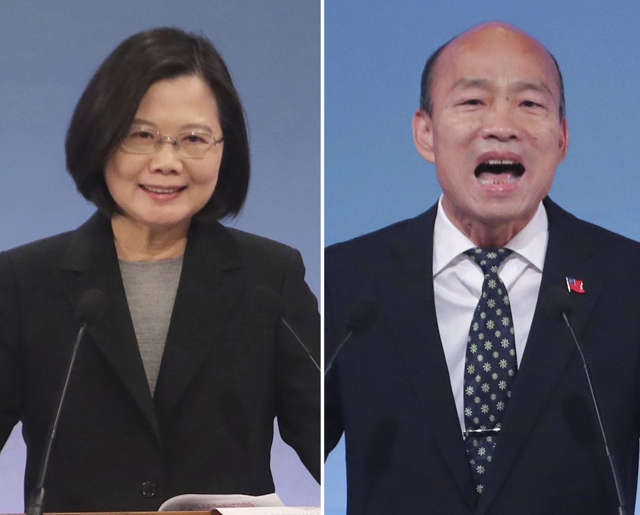 11일 2천만 명의 대만인들을 이끌 차기 총통 투표가 진행된다. 올해 대만 총통 선거는 작년부터 부쩍 거세진 중국의 일국양제 수용 압박과 홍콩 시위의 영향으로 대만에서도 반중 정서가 크게 고조된 가운데 치러진다는 점에서 세계인의 눈길이 쏠린다. 사진은 지난달 29일 대만 타이베이에서 열린 대선 후보 마지막 TV 토론에 참여한 민진당 후보인 차이잉원 총통과 국민당의 한궈위 후보.[연합뉴스]