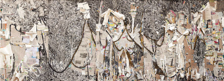 Chen Yujun, Space of 11 Square Meter, 2018-2019, Hand-made paper, newspaper, acrylic and water ink, 200x550 cm [아라리오갤러리 제공]