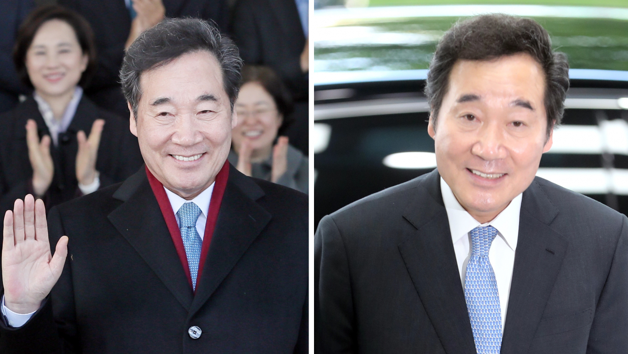 이낙연 전 국무총리가 14일 2년 7개월 14일간의 재임을 마치고 청사를 떠나고 있다. 이 전 총리는 이날 취임식 때와 같은 넥타이를 착용했다. 오른쪽은 2017년 5월 31일 첫 출근 당시 모습. ［연합］