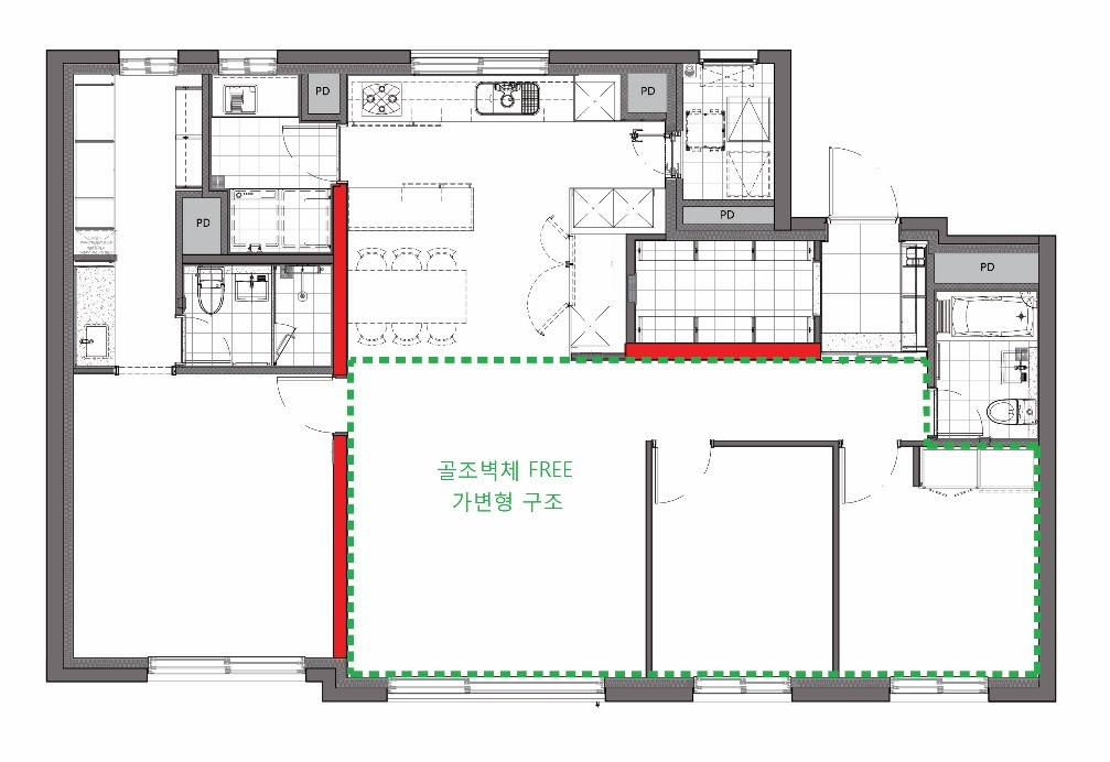 전용면적 84㎡ C2 HOUSE 평면. 붉은색으로 표현된 3개의 내력 벽을 T자 형태로 배치하여 내부 평면을 다양하게 연출할 수 있다. [대림산업]