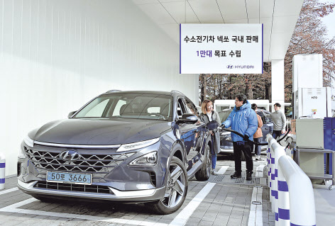 현대차가 세계 최대인 1만 대의 수소전기차 ‘넥쏘’ 판매 계획을 세웠다. 16일 서울 여의도 국회충전소에서 현대차 관계자들이 ‘넥쏘’에 수소를 주입하고 있다. [현대차 제공]