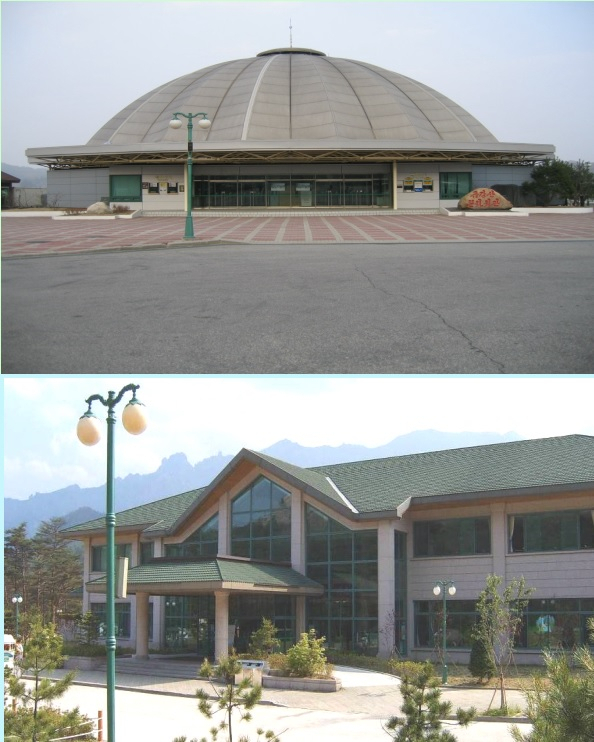 금강산내 우리측 자산인 금강산 문화회관(위)과 금강산 온천장(아래)