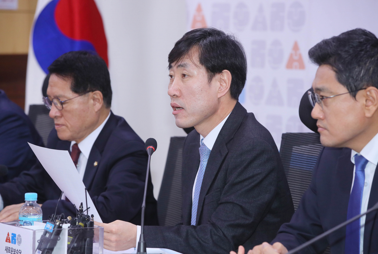 새로운보수당 하태경 책임대표가 20일 국회 의원회관에서 열린 제7차 당대표단회의에서 발언하고 있다. [연합]
