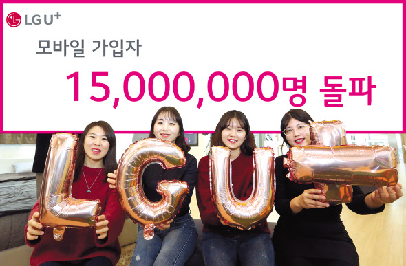 LG유플러스는 자사의 모바일 가입자(MNO 및 MVNO)가 1500만명을 돌파했다고 20일 밝혔다. LG유플러스 직원들이 모바일 가입자 1500만명 돌파를 알리고 있다. [LG유플러스 제공]