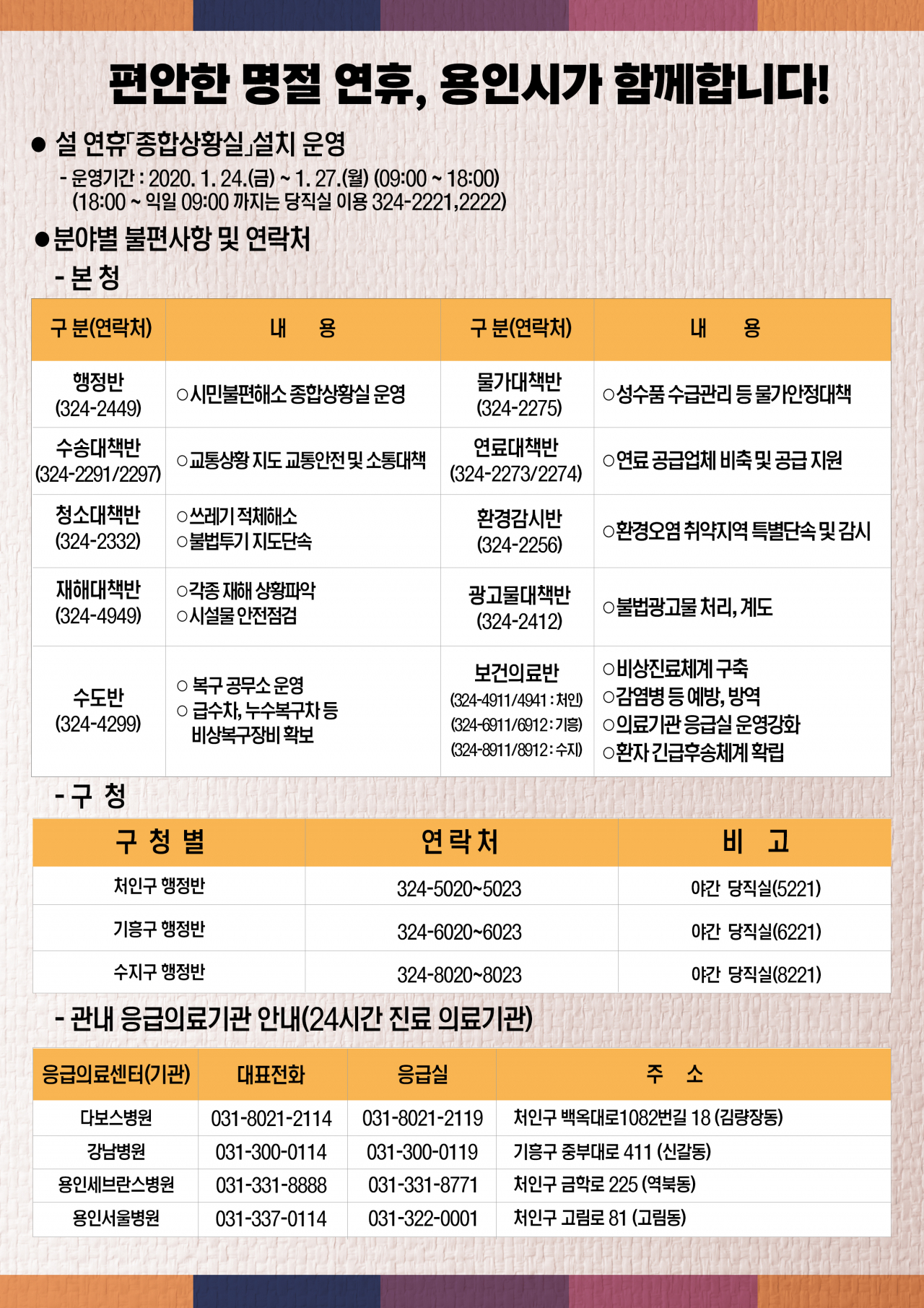 용인시 설 명절 종합상황실 운영 안내 [용인시 제공]