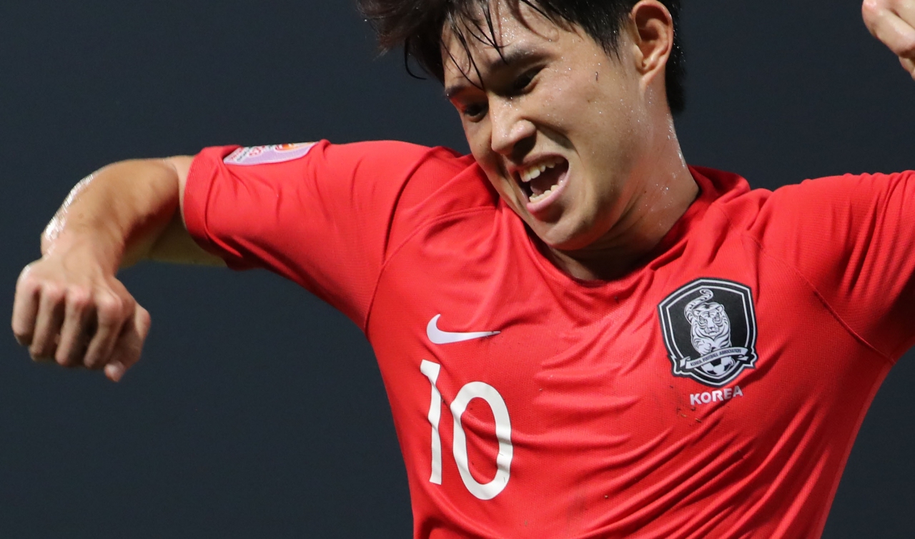 19일 오후(현지시간) 태국 랑싯 탐마삿 스타디움에서 열린 2020 아시아축구연맹(AFC) U-23 챔피언십 한국과 요르단의 8강전. 이동경이 후반 추가시간 극적인 결승골을 넣은 뒤 환호하고 있다. [연합]
