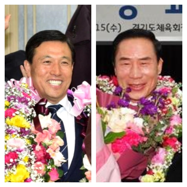선거 투표 발표날 인천시체육회장으로 당선된 강인덕 회장〈사진 왼쪽〉과 경기도 체육회장으로 당선된 이원성 회장의 당시 축하 모습.