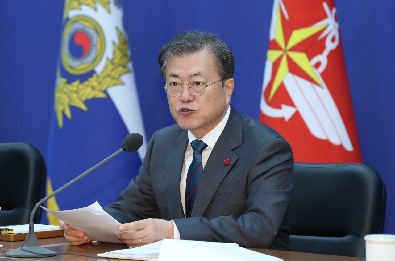 President Moon Jae-in speaks at the Ministry of National Defense briefing on Tuesday. Yonhap