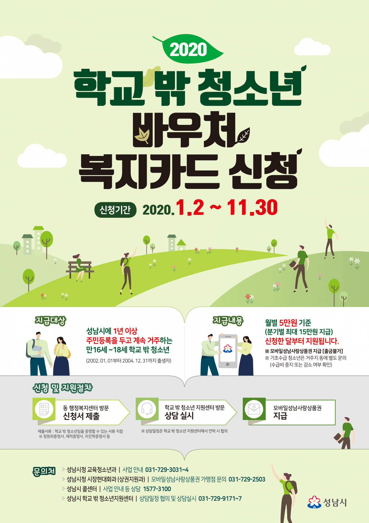 성남시 학교 밖 청소년 바우처 복지 카드 신청 안내 포스터.