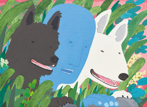 박장호, 세 마리가 있다_탐색놀이, 24.2x33.4cm, 광목에 혼합재료, 2019 [연희동 아트페어 제공]