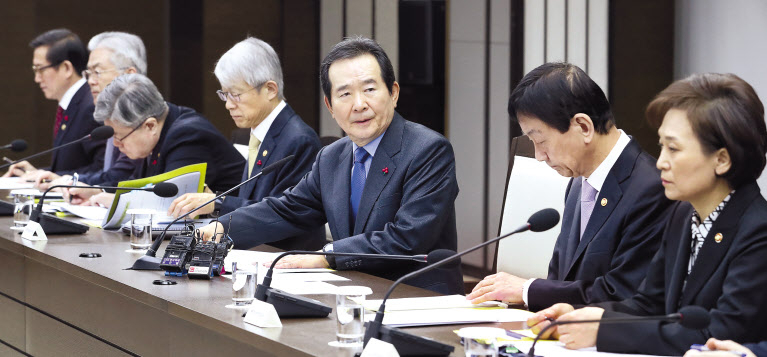 정세균(왼쪽) 국무총리가 23일 오전 세종시 정부세종청사에서 열린 국정현안점검조정회의에 참석해 발언하고 있다. [연합]