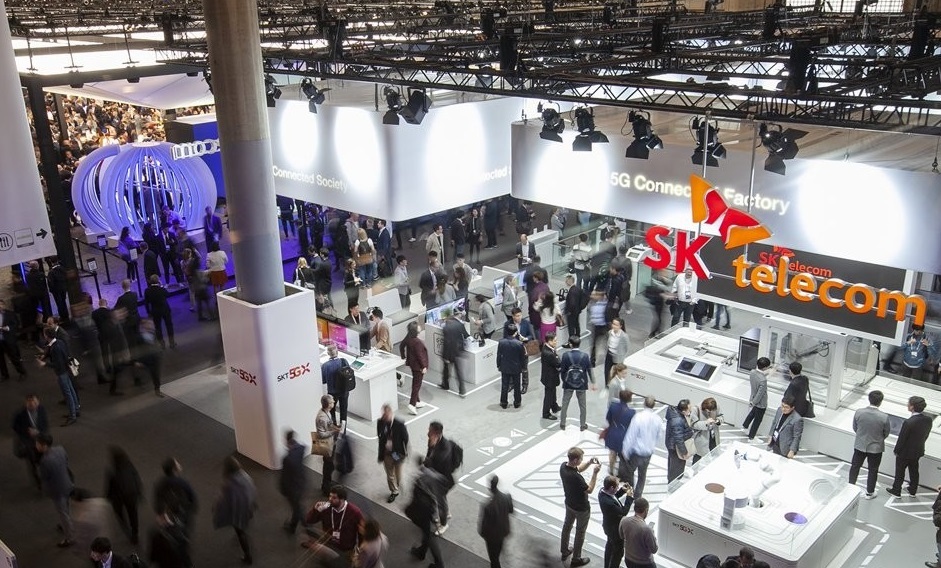 This photo provided by SK Telecom Co. shows the company's exhibition booth at the Mobile World Congress in Spain on Feb. 25, 2019. (PHOTO NOT FOR SALE) (Yonhap)