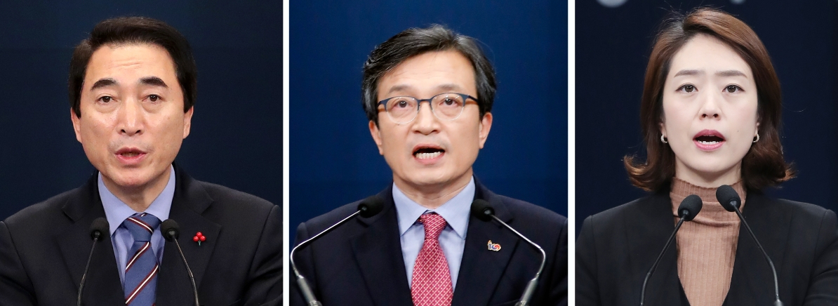 청와대 대변인직을 그만두고 4월 총선 출마를 노리고 있는 박수현(왼쪽부터), 김의겸, 고민정 전 대변인. [연합]