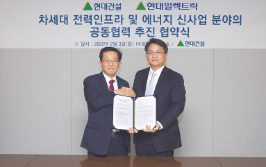 현대일렉트릭 배전영업부문장 박종환(오른쪽) 전무와 현대건설 에너지사업부장 손준 전무가 기념사진을 촬영하고 있다. [현대건설 제공]