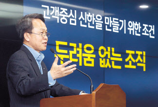 지난 7일 서울 중구 소재 신한은행 본점에서 개최된 ‘2020 상반기 경영전략회의’에서 진옥동 은행장이 ‘고객중심’ 경영전략을 설명하는 모습.