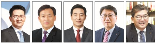 왼쪽부터 조원태 한진그룹 회장, 하언태 현대차 사장, 한창수 아시아나항공 사장, 정홍근 티웨이항공 사장, 나경수 SK종합화학 사장.