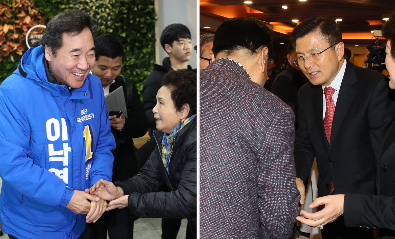 서울 종로에 출마하는 더불어민주당 소속 이낙연 전 총리가 10일 종로구민회관을 찾아 주민과 인사하고(왼쪽), 자유한국당 황교안 대표가 하림각에서 열린 핵심당원 간담회에서 참석자와 인사하고 있다. [연합]