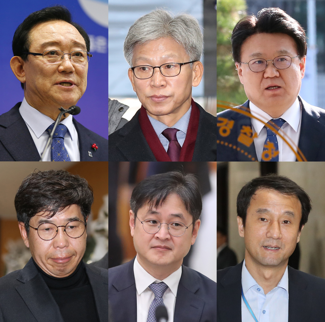 울산선거개입 의혹 사건 주요 관련자들. 왼쪽 윗줄부터 송철호 울산시장, 송병기 전 울산시 경제부시장, 황운하 전 울산지방경찰청장, 백원우 전 청와대 민정비서관, 박형철 전 반부패비서관, 한병도 전 청와대 정무수석. [연합]