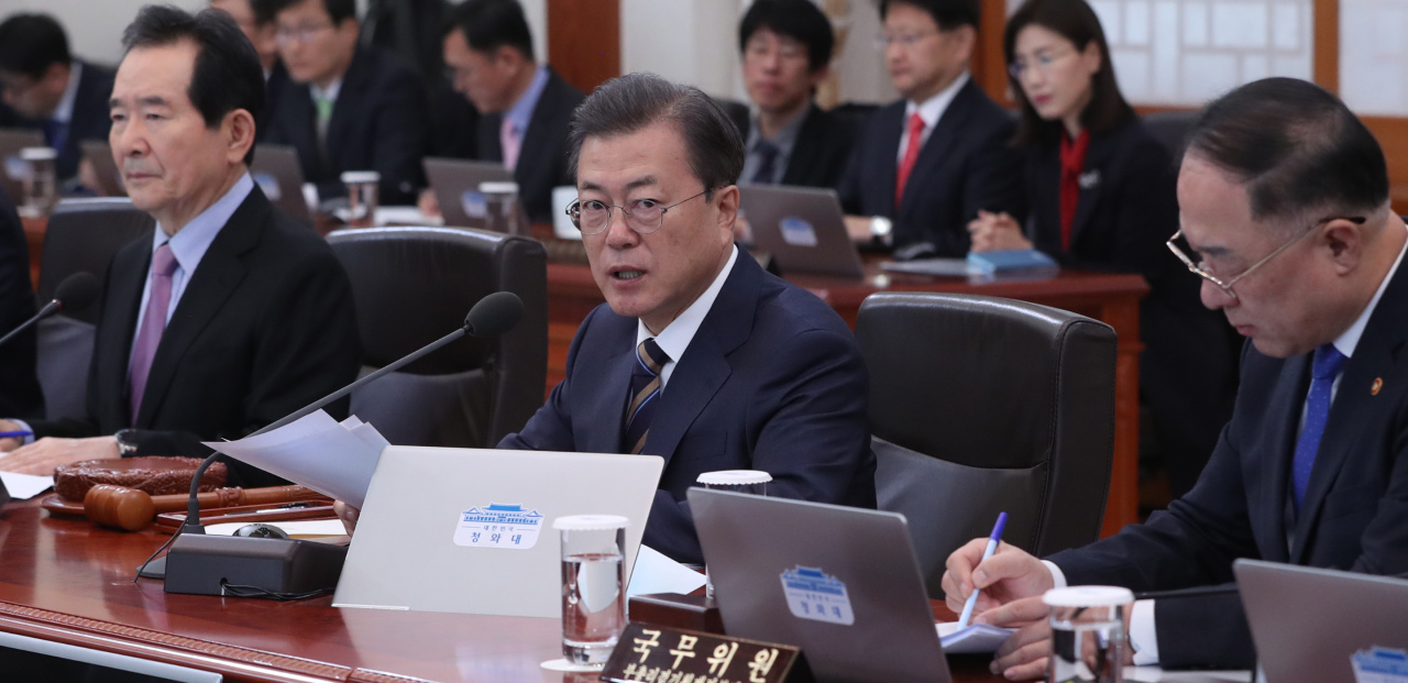 President Moon Jae-in speaks at the Cabinet meeting on Tuesday. Yonhap
